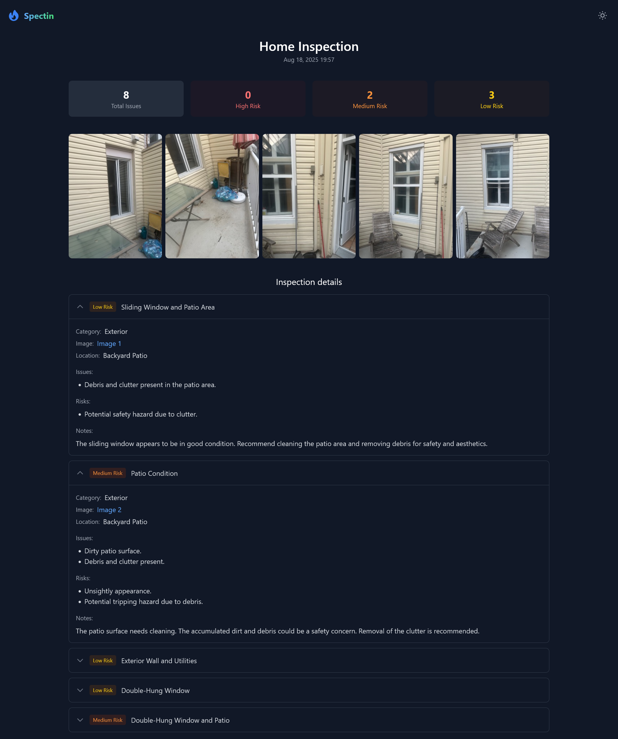 Mockup of a Spectin inspection report